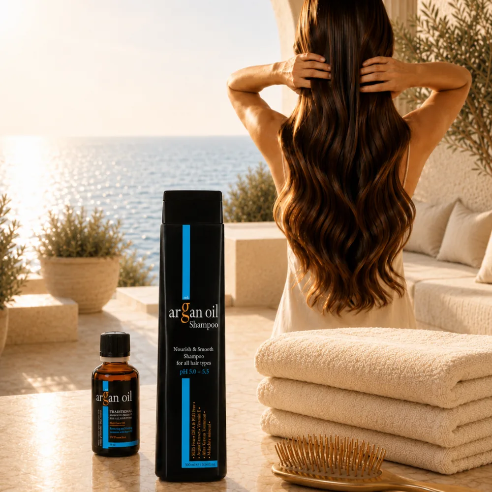 Argan Oil шампон и масло покрај море, со жена со долга негувана коса
