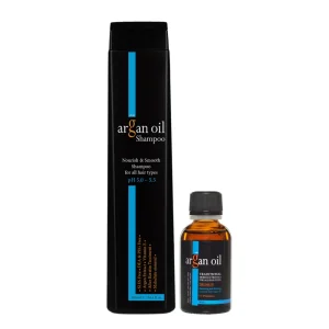 Летен комплет Argan Oil — шампон за нега и третманско масло 30 мл на бела позадина