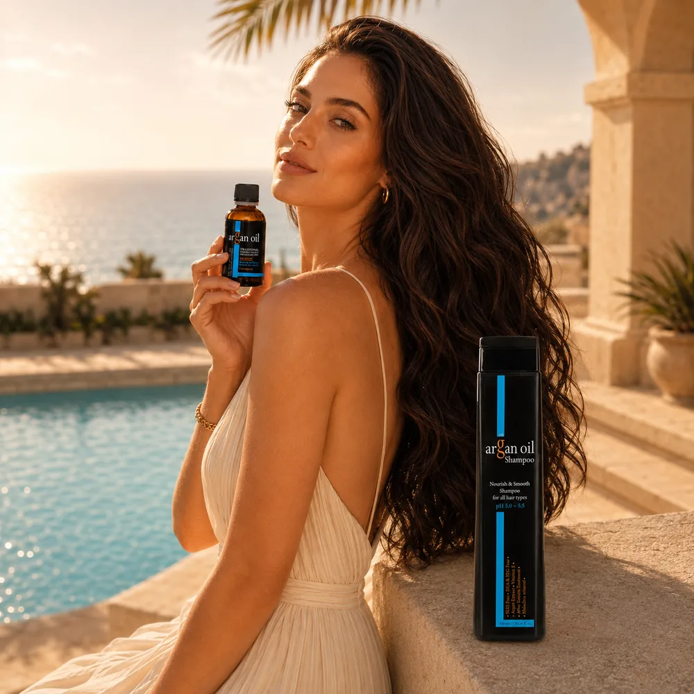 Жена со сјајна коса го држи Argan Oil маслото, до неа шампонот за нега