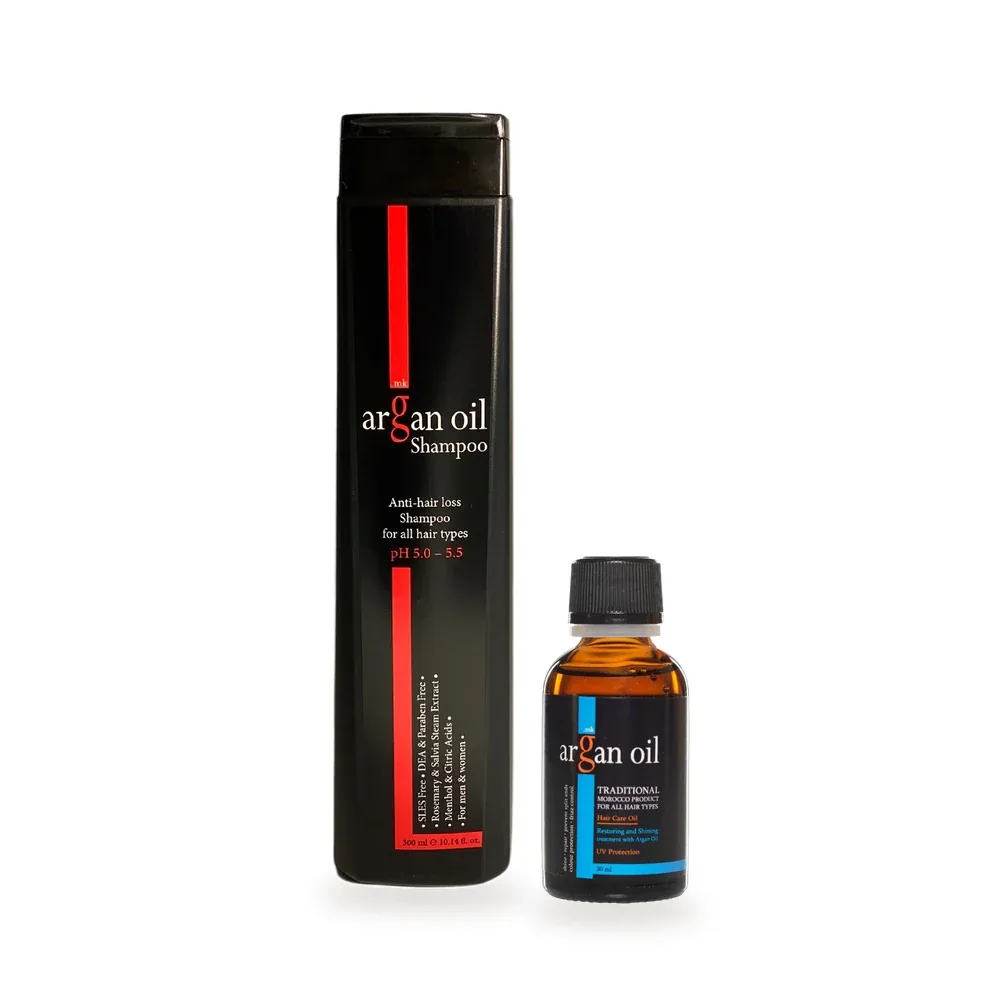 ArganOil шампон против опаѓање и третманско масло 30 мл на бела позадина