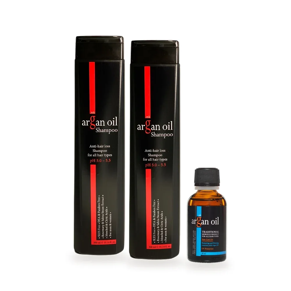 Пакет за него и за неа – два ArganOil шампона против опаѓање и третманско масло 30 мл на бела позадина