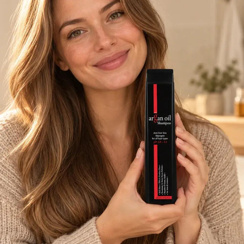 Жена со долга коса го држи ArganOil шампонот против опаѓање